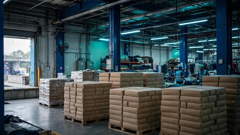Factory warehouse in Bangladesh with packed export cartons ready for buyer collection under Ex Works terms