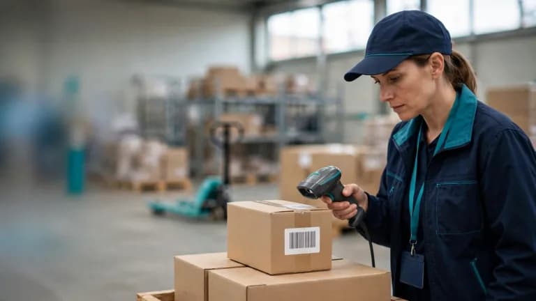 Harmonized System Tariff Code β a customs officer scanning a barcode on export cartons in a modern warehouse