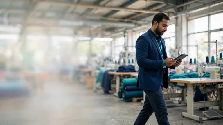 Frozen Seafood Exporter Bangladesh β a sourcing manager walking through a modern Bangladeshi factory floor with a tablet