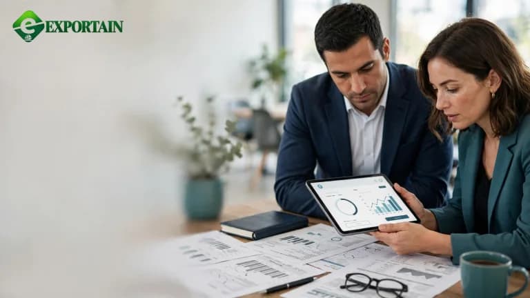 Telegraphic Transfer Insurance Payment β two business professionals reviewing trade documents and a bank transfer