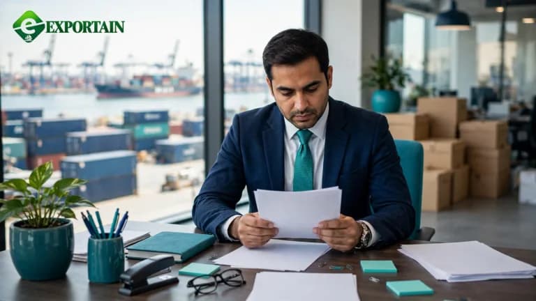 Banker reviewing letter of credit documents for an export shipment from Bangladesh