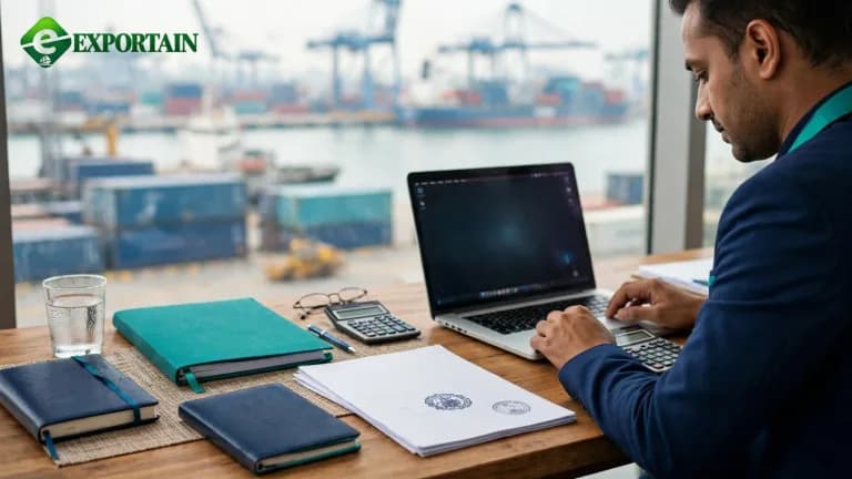 Bangladeshi exporter reviewing Export Registration Certificate documents at a desk with a container port in the background