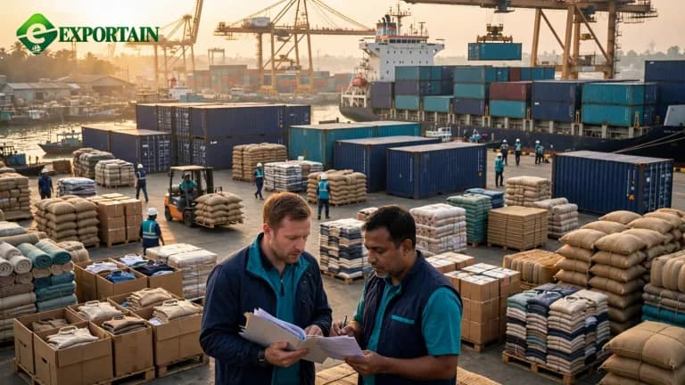 Container ship being loaded with Bangladeshi export goods at a port, with a buyer and supplier reviewing import documents