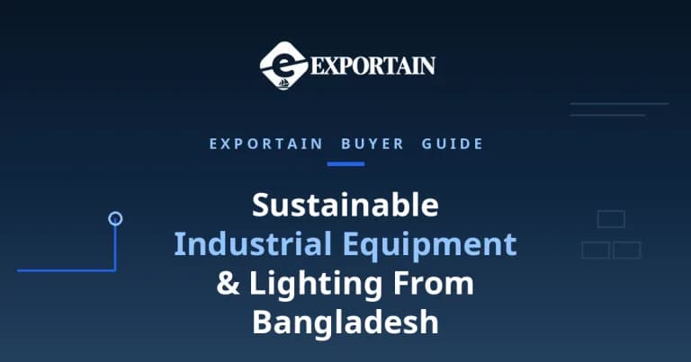 Navy title card: Sustainable Industrial Equipment and Lighting From Bangladesh, certifications and green factories