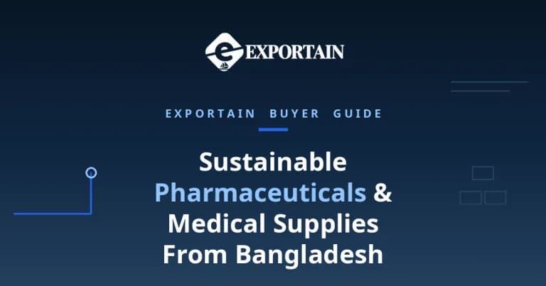 Navy title card: Sustainable Pharmaceuticals and Medical Supplies From Bangladesh buyer guide