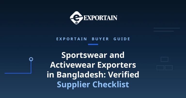 Navy title card: Sportswear and Activewear Exporters in Bangladesh, supplier checklist