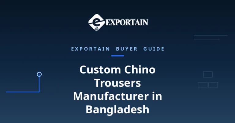 Navy title card: Custom Chino Trousers Manufacturer in Bangladesh, OEM process from tech pack to bulk