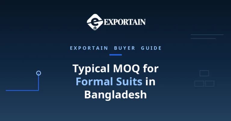 Navy title card: Typical MOQ for Formal Suits in Bangladesh, fabric roll and size run