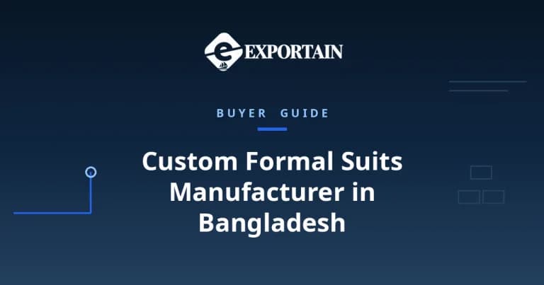 Navy title card: Custom Formal Suits Manufacturer in Bangladesh, OEM process from tech pack to bulk