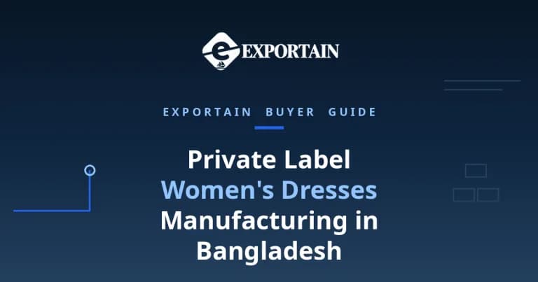 Navy title card: Private Label Women's Dresses Manufacturing in Bangladesh, a brand owner's guide