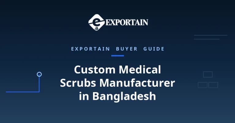 Navy title card: Custom Medical Scrubs Manufacturer in Bangladesh, OEM process from tech pack to bulk