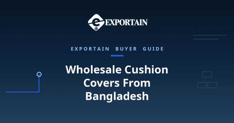 Navy title card: Wholesale Cushion Covers From Bangladesh, bulk tiers and stockist buying