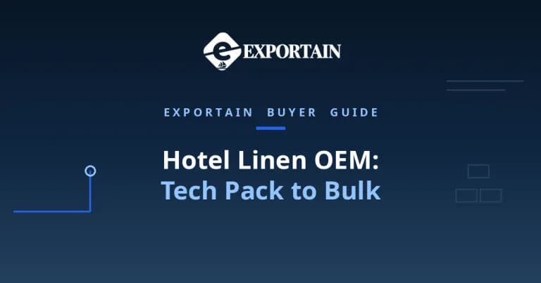 Navy title card: Hotel Linen OEM, Tech Pack to Bulk