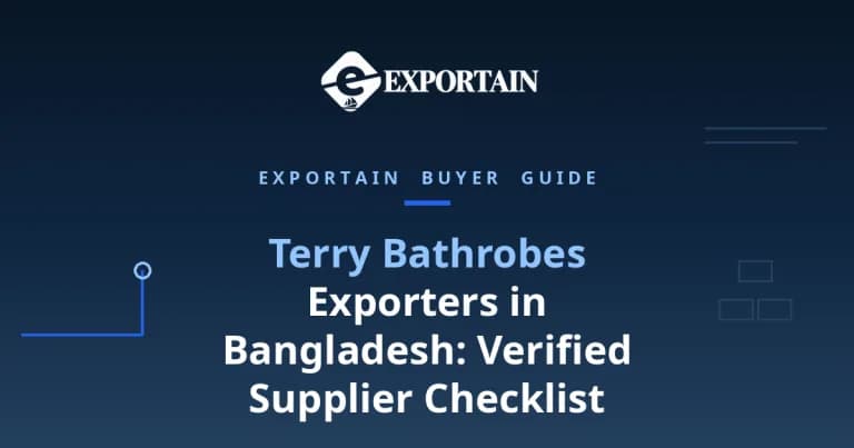 Navy title card: Terry Bathrobes Exporters in Bangladesh, verified supplier checklist