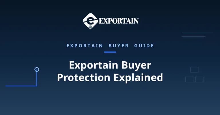 Navy title card: Exportain Buyer Protection Explained, an Exportain buyer guide