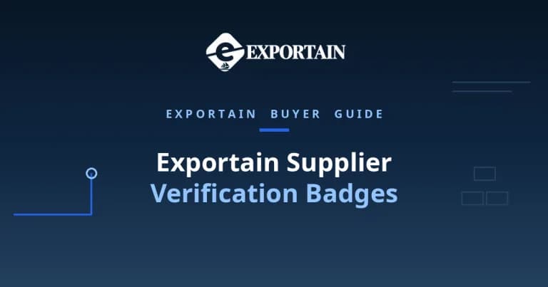 Navy title card: Exportain Supplier Verification Badges, an Exportain buyer guide