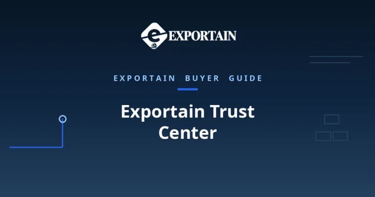 Navy title card: Exportain Trust Center, an Exportain buyer guide