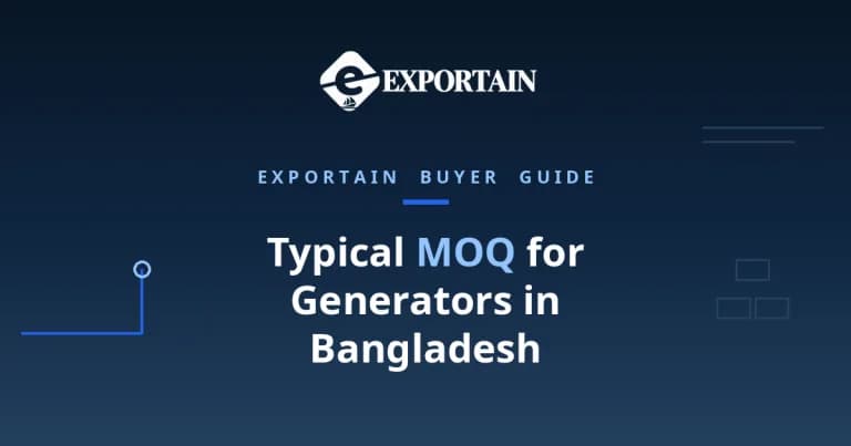 Navy title card: Typical MOQ for Generators in Bangladesh, with Exportain logo