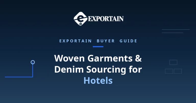Navy title card: Woven Garments and Denim Sourcing for Hotels, hospitality uniform program guide