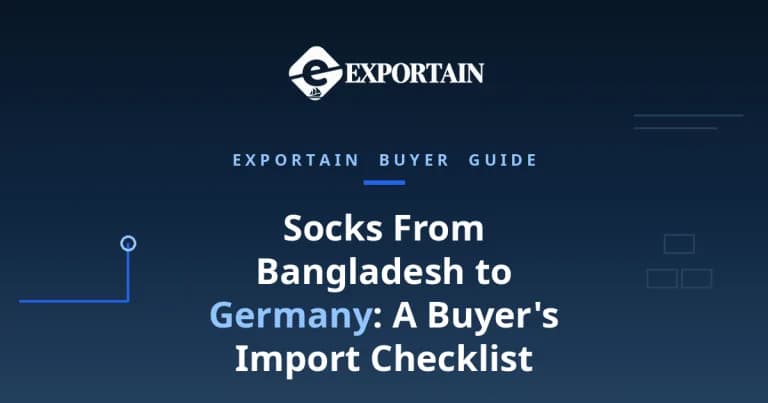 Navy title card for a buyer's checklist on importing socks from Bangladesh to Germany