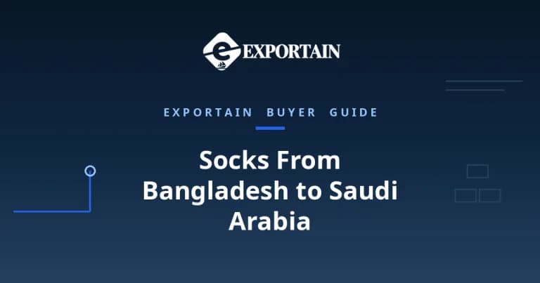 Navy Exportain title card for a buyer guide on importing knitted socks from Bangladesh to Saudi Arabia