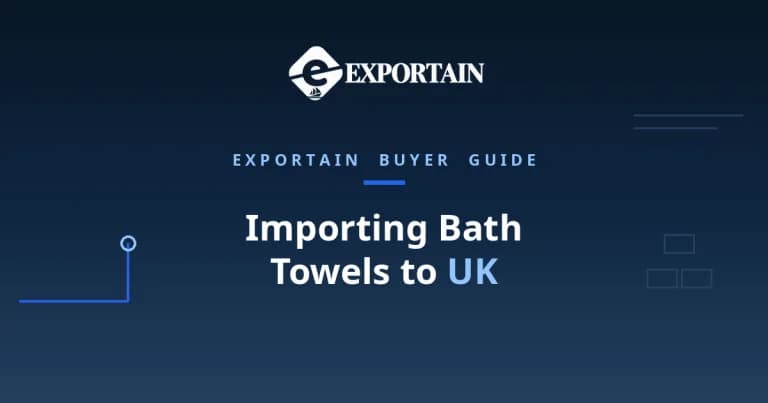 Navy title card: Importing Bath Towels to UK, with UK highlighted