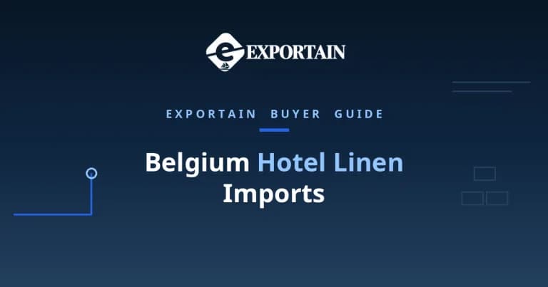 Navy title card: Belgium Hotel Linen Imports, with Hotel Linen highlighted