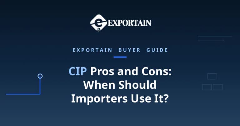 Navy title card: CIP Pros and Cons, when should importers use it, with the Exportain logo