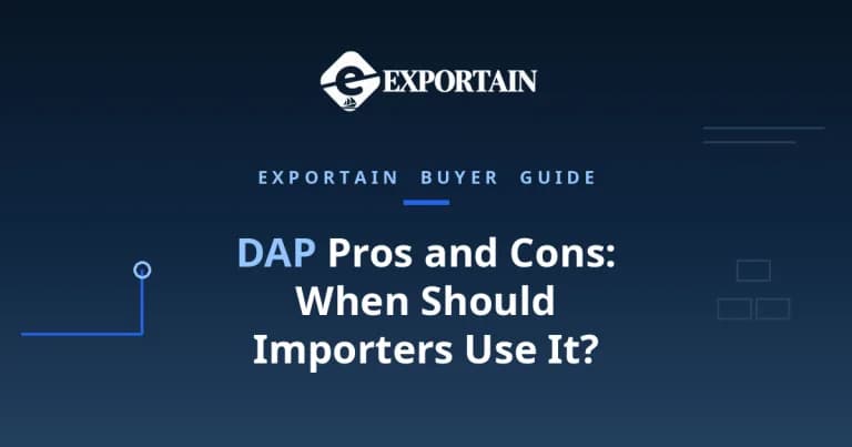 Navy title card: DAP Pros and Cons, when should importers use it, with the Exportain logo