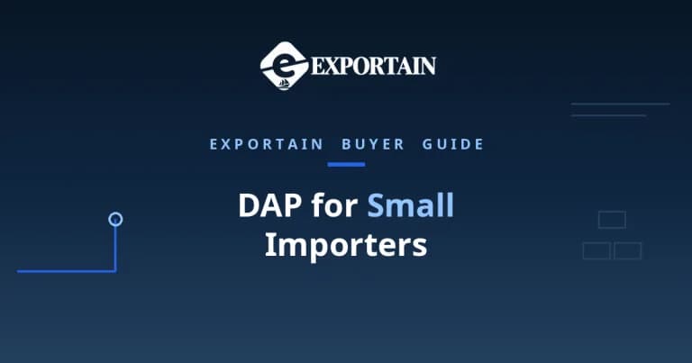 Navy title card: DAP for Small Importers, with Exportain logo