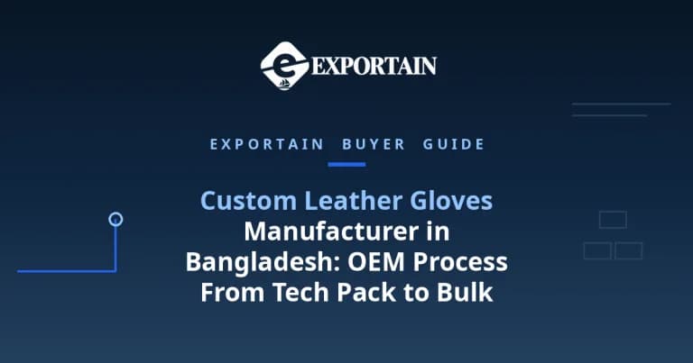 Navy title card: Custom Leather Gloves Manufacturer in Bangladesh, OEM process from tech pack to bulk