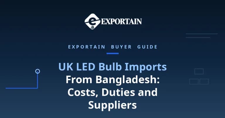 Navy title card: UK LED Bulb Imports From Bangladesh, with Exportain logo