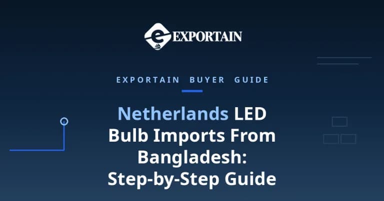 Navy title card: Netherlands LED Bulb Imports From Bangladesh, with Exportain logo