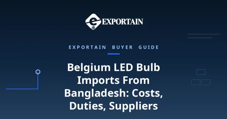 Navy title card: Belgium LED Bulb Imports From Bangladesh, with Exportain logo