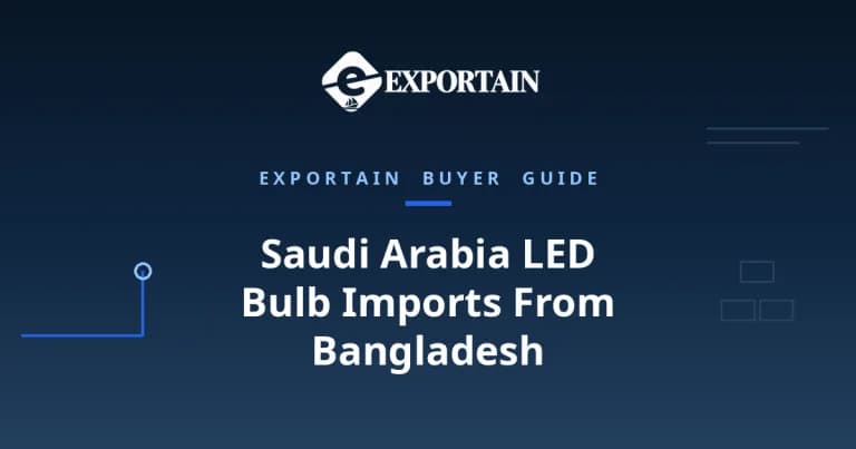 Navy title card: Saudi Arabia LED Bulb Imports From Bangladesh, with Exportain logo