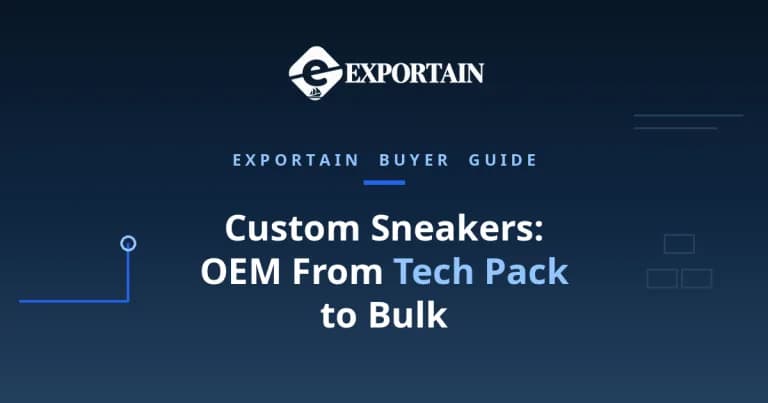 Navy title card: Custom Sneakers, OEM From Tech Pack to Bulk, with Exportain logo