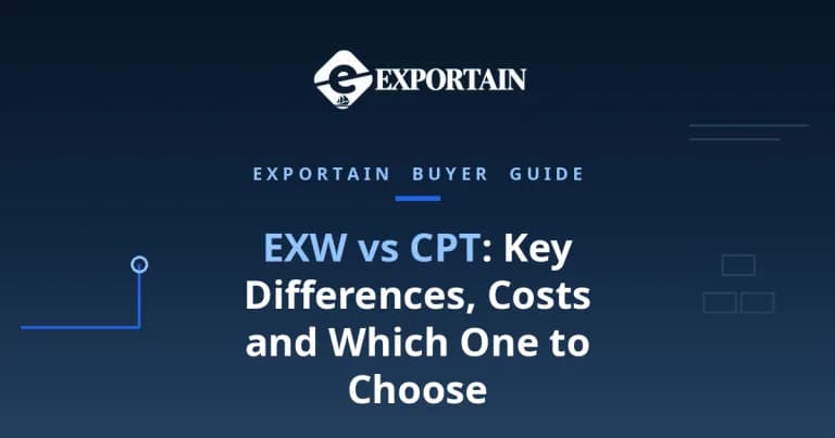 Navy title card: EXW vs CPT, key differences, costs and which one to choose, with Exportain logo