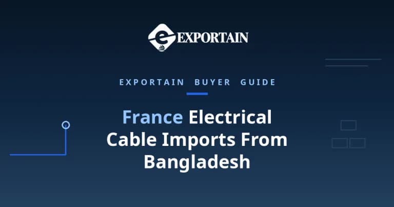 Navy title card: France electrical cable imports from Bangladesh, with Exportain logo