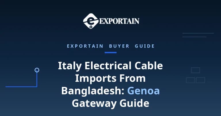 Navy title card: Italy electrical cable imports from Bangladesh, Genoa gateway, with Exportain logo