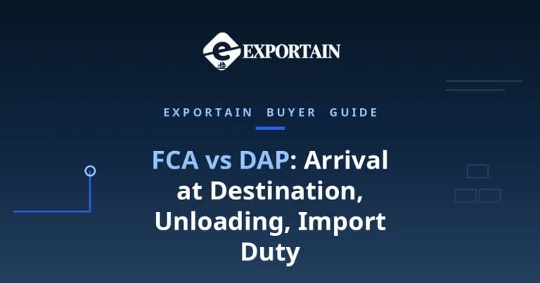 Navy title card: FCA vs DAP, arrival at destination, unloading, import duty, with Exportain logo
