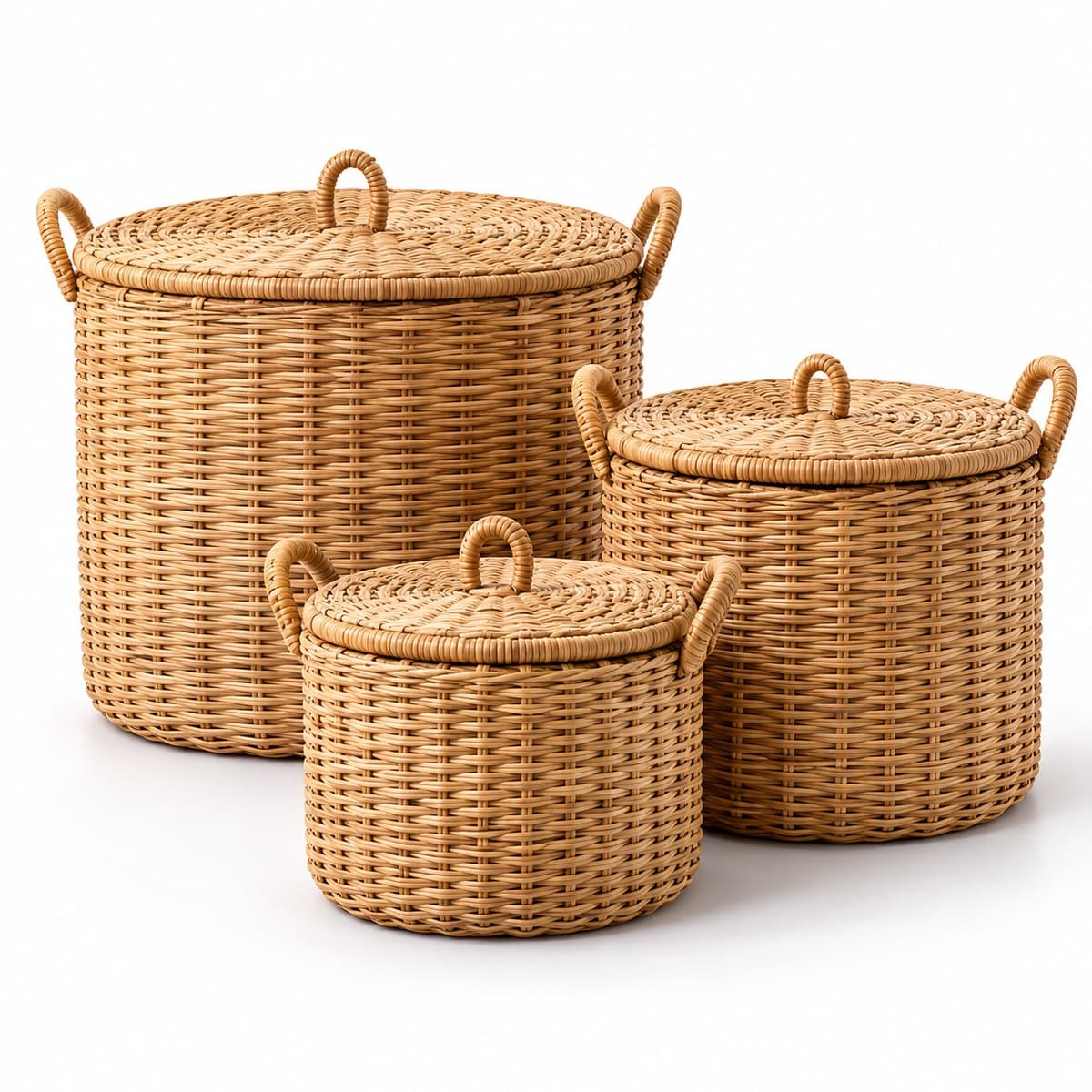 Handwoven Cane Storage Basket with Lid, Set of 3